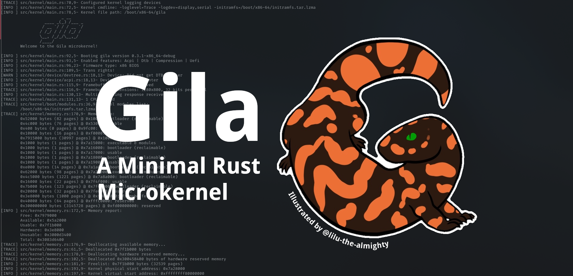 An illustrated Gila monster, and the text "Gila: A Minimal Rust Microkernel", superimposed over some serial log output.