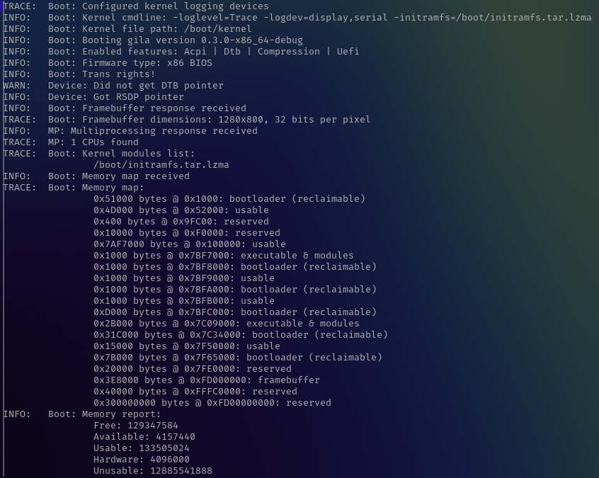 A screenshot of serial console output from Gila's boot process.