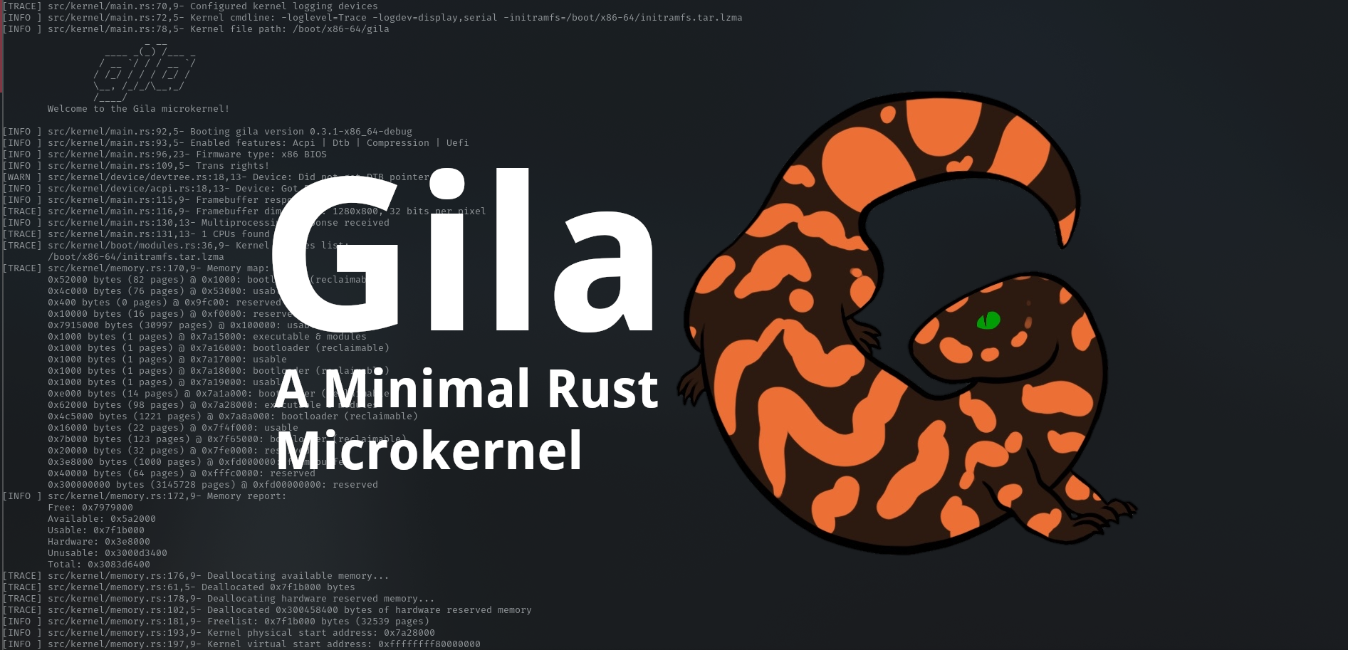 An illustrated Gila monster, and the text "Gila: A Minimal Rust Microkernel", superimposed over some serial log output.